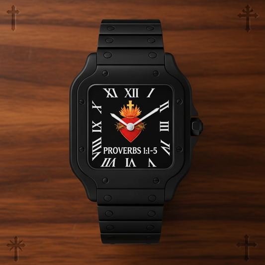 Black Sacred Heart watch on Christian wooden table