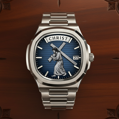 Close-up luxury watch on Christian wooden table