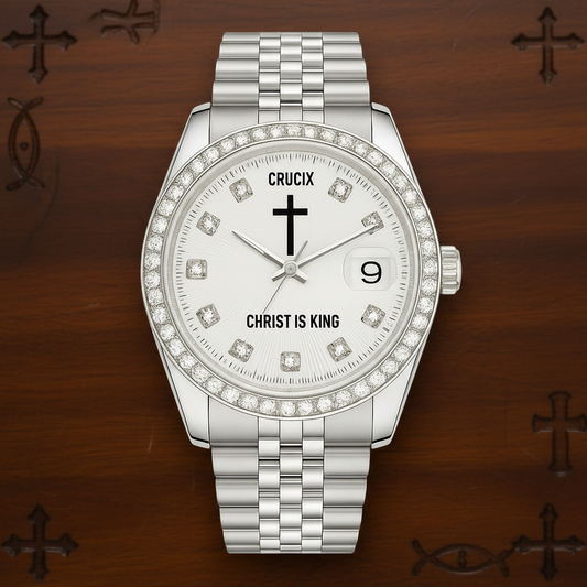 Diamond bezel Christ is King watch on Christian wooden table